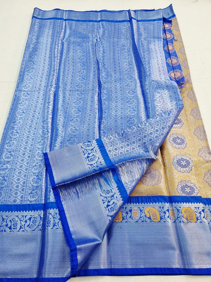 Blue And Yellow Kanchipuram Pure Silk Saree With Floral Border