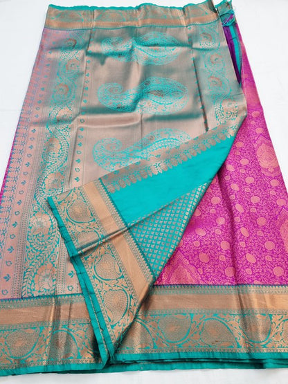 Pink And Green Kanchipuram Pure Silk Saree With Rich Pallu