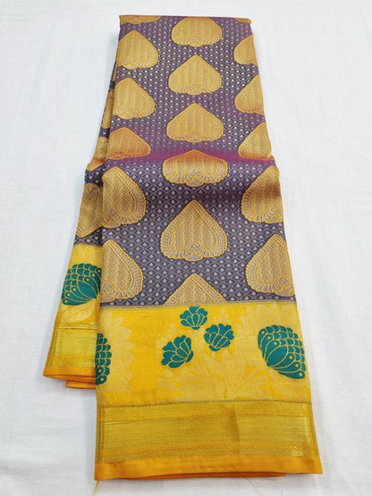 Yellow And Gold Kanchipuram Pure Silk Saree With Floral Motif – Kanchipuram Lakshaya Silks