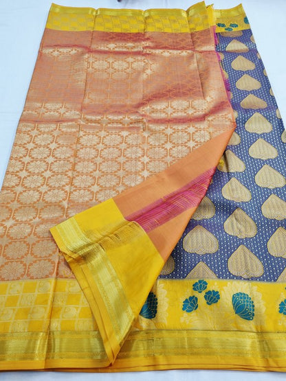 Yellow And Gold Kanchipuram Pure Silk Saree With Floral Motif