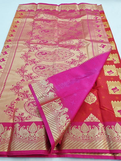 Kanchipuram Blended Bridal Silk Sarees 021. Red And Yellow Kanchipuram Pure Silk Sarees