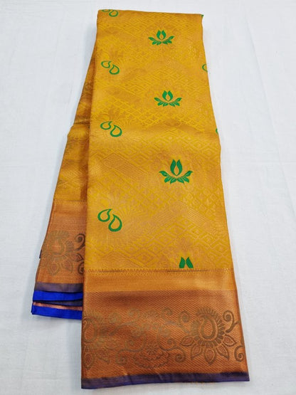 Orange And Mustard Kanchipuram Pure Silk Saree With Floral Motif – Kanchipuram Lakshaya Silks
