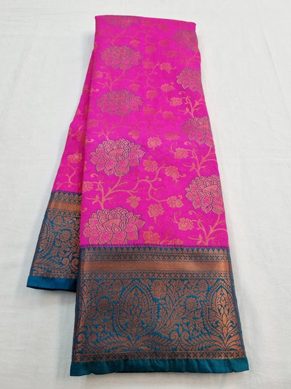 Pink And Blue Kanchipuram Pure Silk Saree With Floral Buta – Kanchipuram Lakshaya Silks