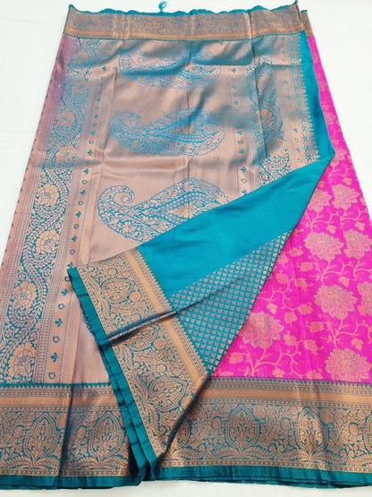 Pink And Blue Kanchipuram Pure Silk Saree With Floral Buta
