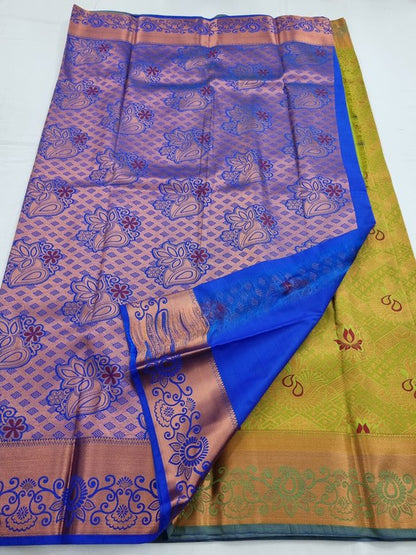 Yellow And Green and Yellow Kanchipuram Pure Silk Saree With Paisley Motif