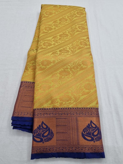 Yellow And Blue Kanchipuram Pure Silk Saree With Floral Buta – Kanchipuram Lakshaya Silks