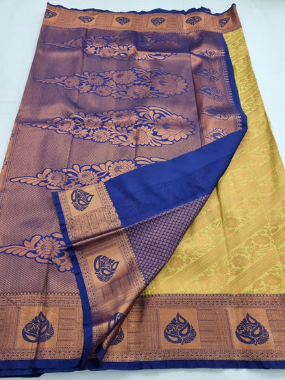 Yellow And Blue Kanchipuram Pure Silk Saree With Floral Buta