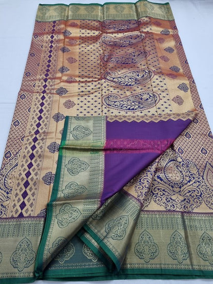 Gold And Cream Kanchipuram Pure Silk Saree With Intricate Paisley Design