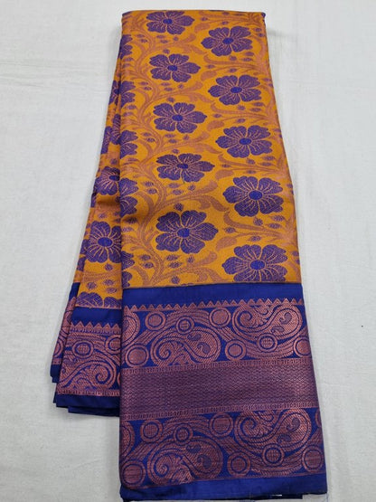 Blue And Orange Kanchipuram Pure Silk Saree With Paisley Motif – Kanchipuram Lakshaya Silks