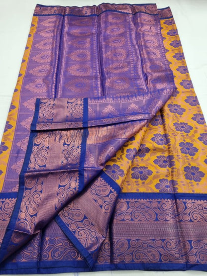 Blue And Orange Kanchipuram Pure Silk Saree With Paisley Motif