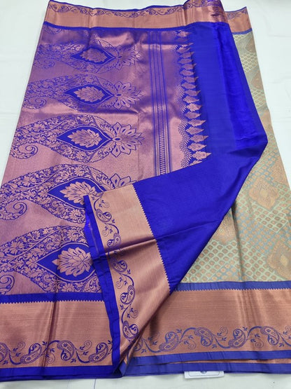 Blue And Gold Kanchipuram Pure Silk Saree With Traditional Motif