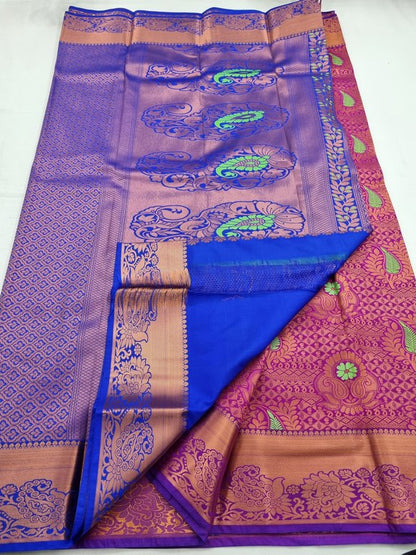Pink And Green Kanchipuram Pure Silk Saree With Floral Buta