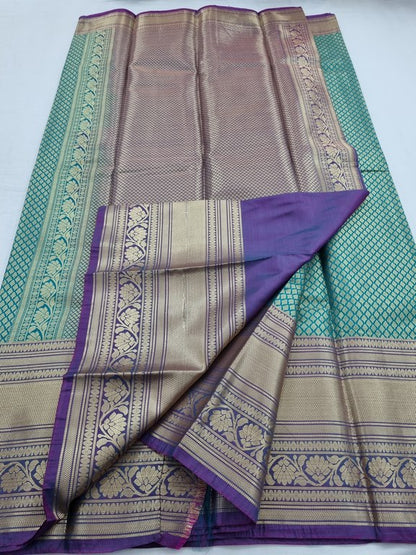 Teal And Gold Kanchipuram Pure Silk Saree With Floral