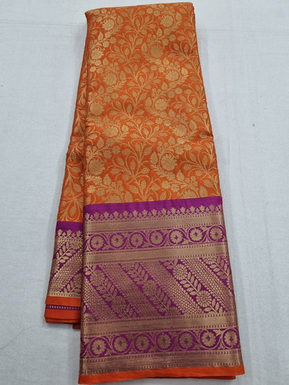 Orange And Purple Kanchipuram Pure Silk Saree With Leaf Motif – Kanchipuram Lakshaya Silks