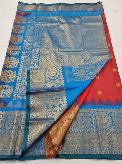 Pink And Blue Kanchipuram Pure Silk Saree With Paisley Motif