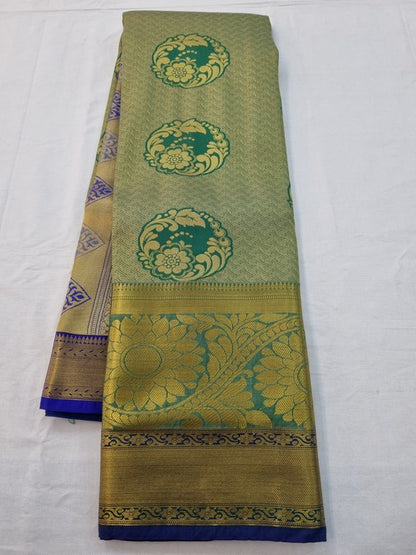 Yellow And Blue Kanchipuram Pure Silk Saree With Floral Pattern – Kanchipuram Lakshaya Silks