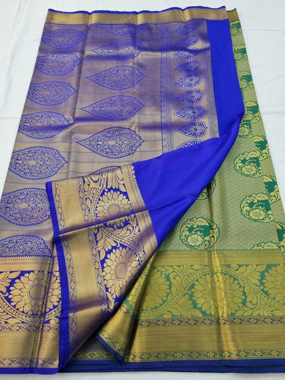 Yellow And Blue Kanchipuram Pure Silk Saree With Floral Pattern