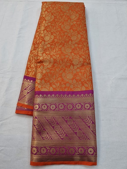 Orange And Purple Kanchipuram Pure Silk Saree With Floral Buta – Kanchipuram Lakshaya Silks