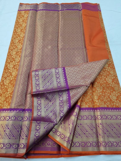 Orange And Purple Kanchipuram Pure Silk Saree With Floral Buta