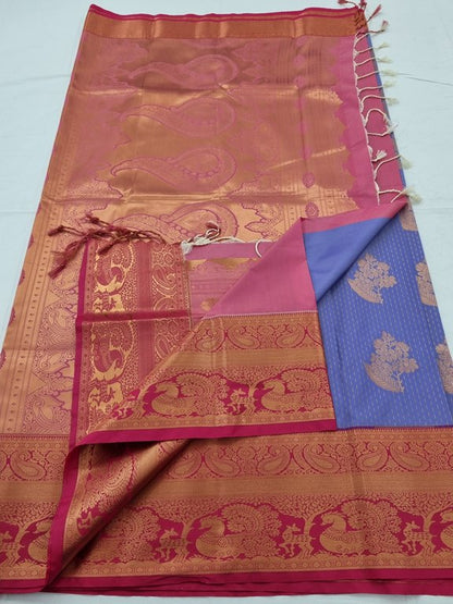 Blue And Purple Kanchipuram Pure Silk Saree With Grand Pallu