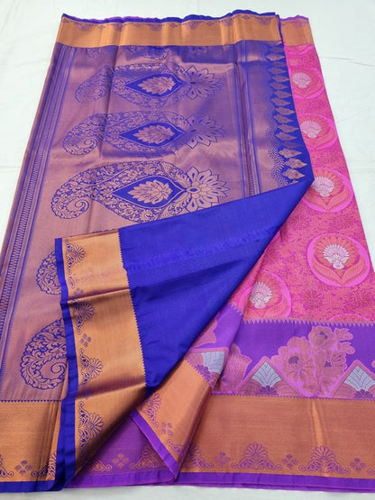 Purple And Pink Kanchipuram Pure Silk Saree With Rich Pallu