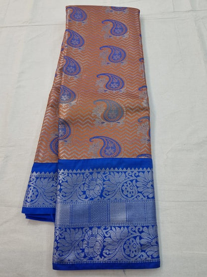 White And Blue Kanchipuram Pure Silk Saree With Paisley Motif – Kanchipuram Lakshaya Silks