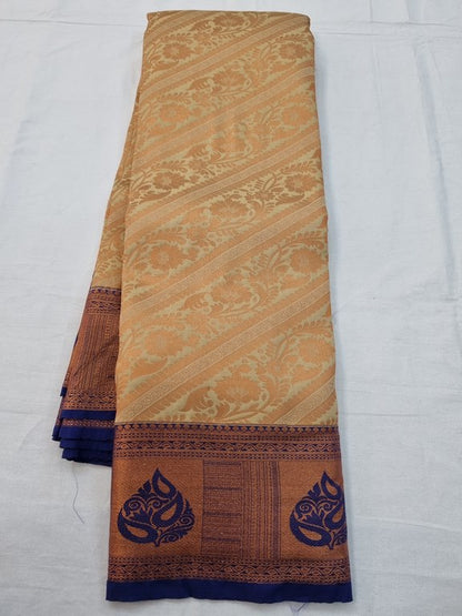 Beige And Yellow Kanchipuram Pure Silk Saree With Floral Pattern On Border – Kanchipuram Lakshaya Silks