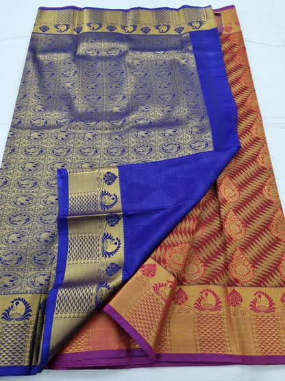 Red And Gold Kanchipuram Pure Silk Saree With Paisley Motif