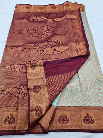 Rust Orange And Light Blue Kanchipuram Pure Silk Sarees