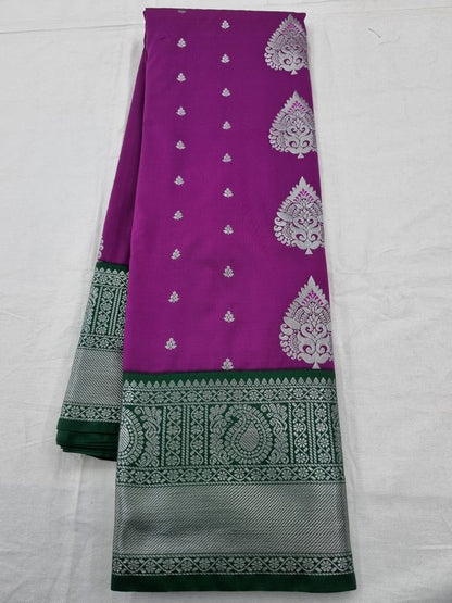Purple And Green Kanchipuram Pure Silk Saree With Striped Pattern – Kanchipuram Lakshaya Silks