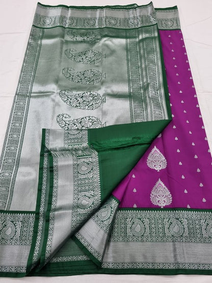 Purple And Green Kanchipuram Pure Silk Saree With Striped Pattern