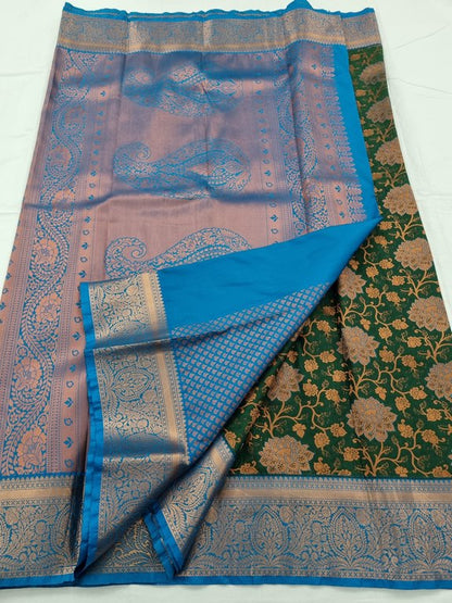 Blue And Green Kanchipuram Pure Silk Saree With Floral