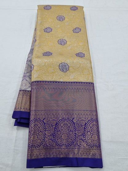 Yellow And Blue Kanchipuram Pure Silk Saree With Temple Border – Kanchipuram Lakshaya Silks