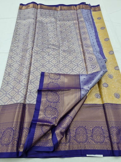 Yellow And Blue Kanchipuram Pure Silk Saree With Temple Border
