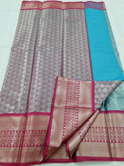 White And Pink Kanchipuram Pure Silk Saree With Zari Border