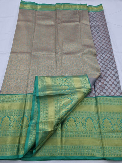 Green And Yellow Kanchipuram Pure Silk Saree With Temple Border – Kanchipuram Lakshaya Silks