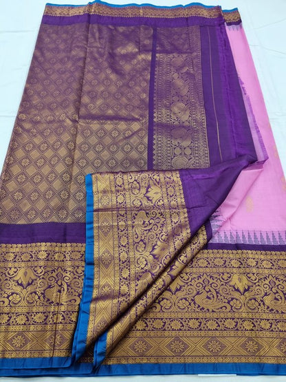 Pink And Gold Kanchipuram Pure Silk Saree With Kameez Motif On Pallu – Kanchipuram Lakshaya Silks