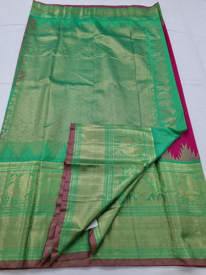 Green And Pink Kanchipuram Pure Silk Saree With Diamond Pattern – Kanchipuram Lakshaya Silks