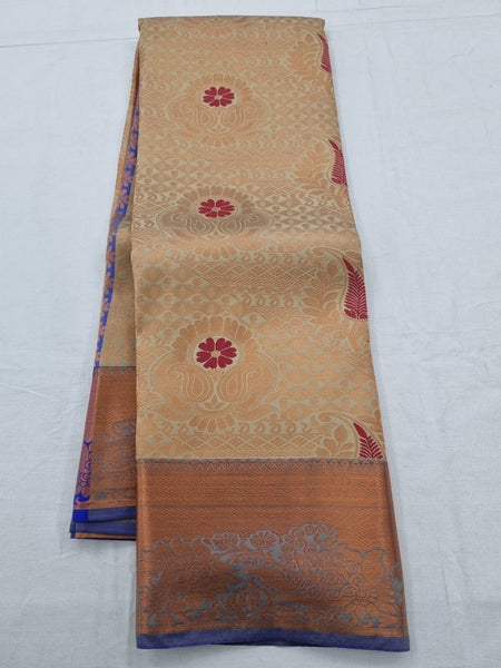 Blue And Orange Kanchipuram Pure Silk Saree With Floral Paisley Motif