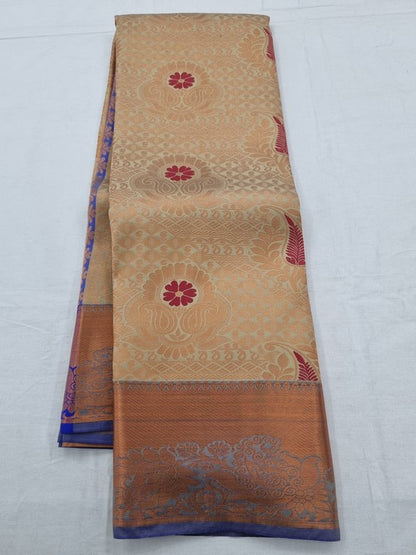 Blue And Orange Kanchipuram Pure Silk Saree With Floral Paisley Motif – Kanchipuram Lakshaya Silks
