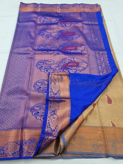 Blue And Orange Kanchipuram Pure Silk Saree With Floral Paisley Motif – Kanchipuram Lakshaya Silks