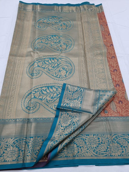 Teal And Gold Kanchipuram Pure Silk Saree With Paisley Motif – Kanchipuram Lakshaya Silks