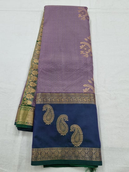 Purple And Blue Kanchipuram Pure Silk Saree With Embroidery Border – Kanchipuram Lakshaya Silks