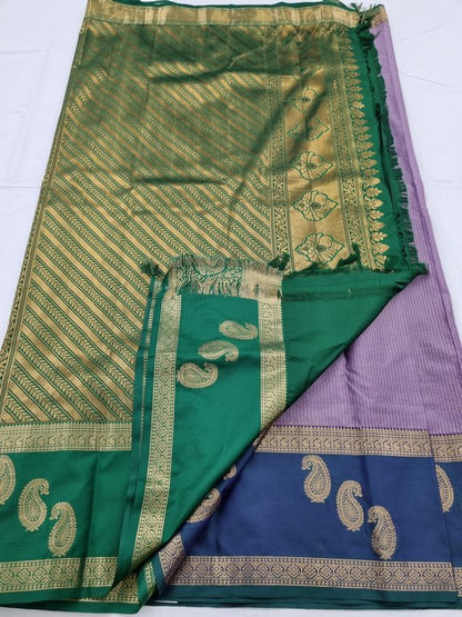 Purple And Blue Kanchipuram Pure Silk Saree With Embroidery Border – Kanchipuram Lakshaya Silks