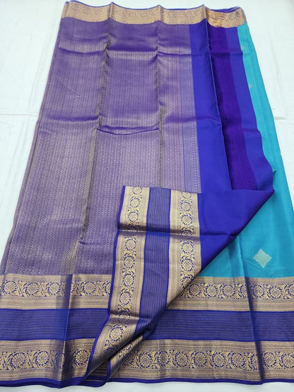 Blue And Beige Kanchipuram Pure Silk Saree With Traditional Motif – Kanchipuram Lakshaya Silks