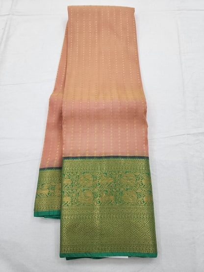 Pure Fancy Silk, Soft Satin Blends, Lightweight Fancy Weaves Kanchipuram Pure Silk Sarees - Green And Orange Kanchipuram…