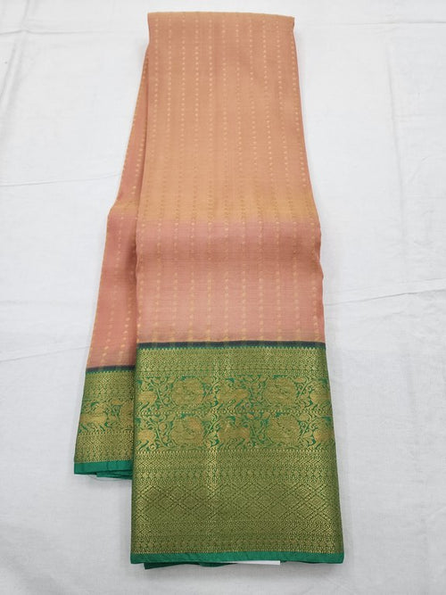 Pure Fancy Silk, Soft Satin Blends, Lightweight Fancy Weaves Kanchipuram Pure Silk Sarees - Green And Orange Kanchipuram…