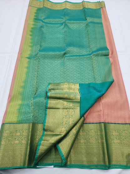 Pure Fancy Silk, Soft Satin Blends, Lightweight Fancy Weaves Kanchipuram Pure Silk Sarees - Green And Orange Kanchipuram Pure Silk Sarees – Kanchipuram Lakshaya Silks