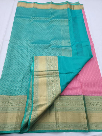 Pink And Black Kanchipuram Pure Silk Saree With Temple Border – Kanchipuram Lakshaya Silks