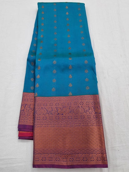 Blue And Orange Kanchipuram Pure Silk Saree With Temple Border – Kanchipuram Lakshaya Silks